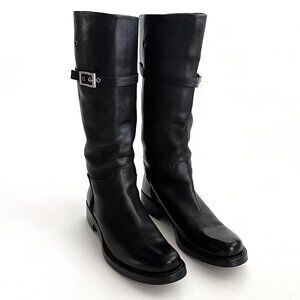 PRADA Black Leather Pull-on Tall Lug Sole Boots with Buckle, Size 37 (US 7)